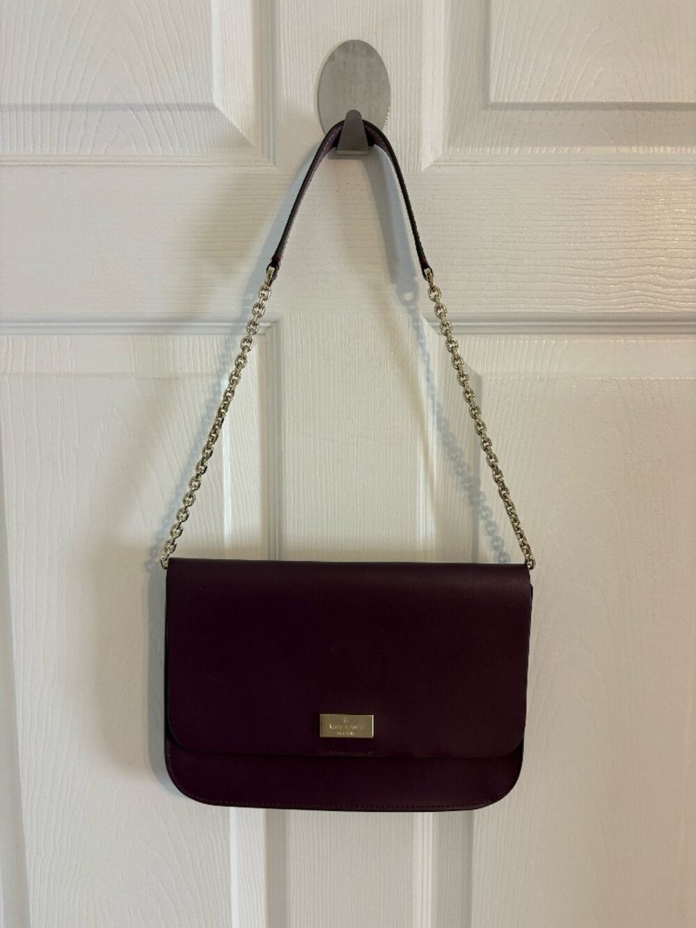 Kate Spade New York Plum Smooth Leather Flap Chain Shoulder Bag Gold Hardware